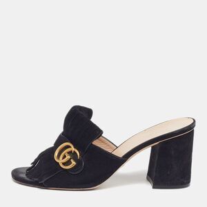 Gucci Gg Marmont Size 40.5 Black Suede Fringe Block Heel Slide Sandals